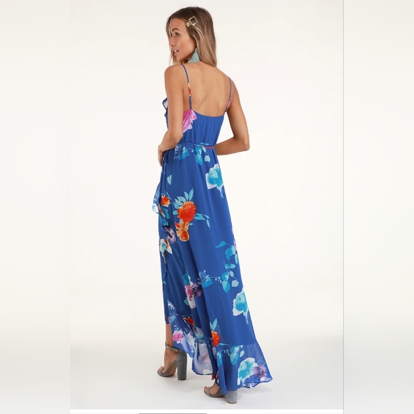 Lulu's Royal Blue Floral Print Ruffled Wrap Maxi Dress - Picture 2 of 3